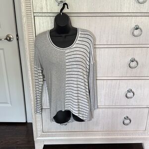 CAbi Gray and White Asymmetrical Long Sleeve Blouse